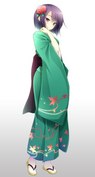 Anime picture 645x1200 with original luna lia single tall image short hair simple background white background purple eyes purple hair traditional clothes japanese clothes hair flower girl hair ornament flower (flowers) kimono obi