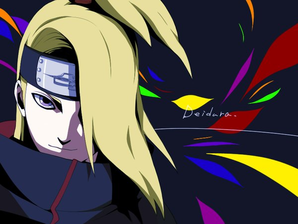 Anime picture 2200x1650 with naruto studio pierrot naruto (series) deidara tayuya1130 single long hair looking at viewer fringe highres blue eyes blonde hair smile ponytail hair over one eye inscription akatsuki boy cloak bandana