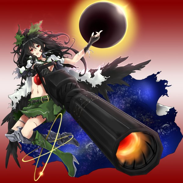 Anime picture 2500x2500 with touhou reiuji utsuho koge-owl (artist) single long hair highres open mouth light erotic black hair red eyes midriff torn clothes scar red background arm cannon girl skirt gloves navel bow