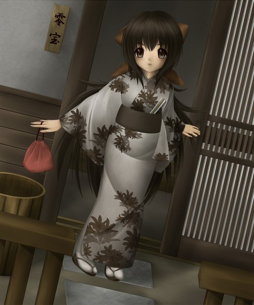 Anime picture 1200x1440 with original fortunat single long hair tall image looking at viewer black hair ponytail japanese clothes black eyes loli girl kimono obi kinchaku