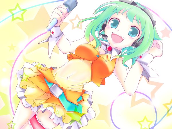 Anime picture 1200x900 with vocaloid gumi haru aki single short hair open mouth aqua eyes green hair happy girl skirt heart headphones wrist cuffs microphone goggles wire (wires)