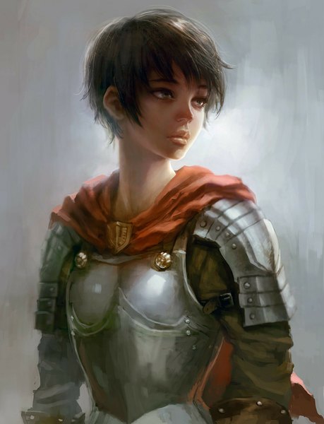Anime picture 850x1110 with berserk casca horim single tall image fringe short hair black hair simple background payot looking away upper body lips realistic grey background grey eyes knight girl armor cape