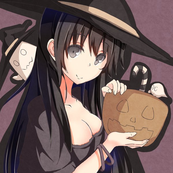 Anime picture 1200x1200 with original shirotaso0818 single long hair looking at viewer light erotic black hair smile grey eyes halloween witch girl dress witch hat
