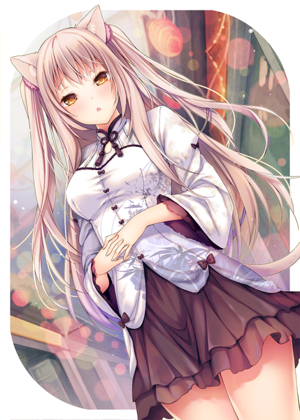 Anime picture 648x906 with original cocoa (cafe-hotcocoa) single long hair tall image blush open mouth blonde hair animal ears yellow eyes tail animal tail cat ears cat girl cat tail girl dress