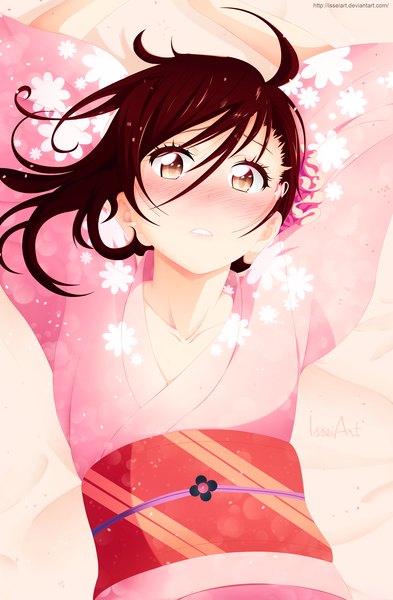 Anime picture 2000x3055 with nisekoi shaft (studio) onodera kosaki isseiart single long hair tall image blush highres brown hair brown eyes traditional clothes japanese clothes arms up embarrassed coloring girl belt kimono obi