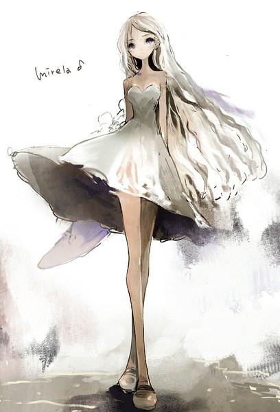 Anime picture 544x800 with original asahiro single long hair tall image looking at viewer smile standing bare shoulders white hair wavy hair girl dress hat white dress