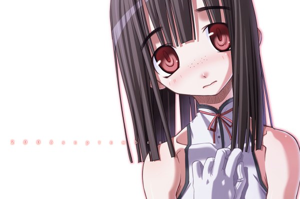 Anime picture 1280x850 with original sakuya tsuitachi single looking at viewer blush short hair black hair simple background red eyes white background bare shoulders inscription wallpaper freckles girl gloves