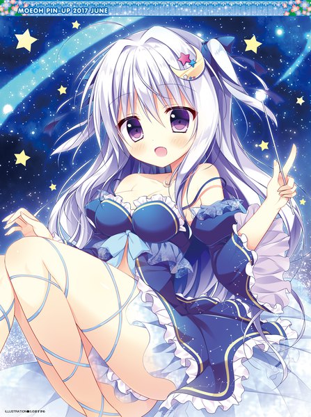 Anime picture 1920x2575 with original tanoma suzume single long hair tall image blush fringe highres open mouth light erotic hair between eyes sitting purple eyes bare shoulders silver hair ahoge bent knee (knees) scan night official art