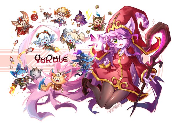 Anime picture 2000x1414 with league of legends lulu (league of legends) teemo (league of legends) tristana (league of legends) poppy (league of legends) veigar (league of legends) kennen (league of legends) heimerdinger (league of legends) ziggs (league of legends) gnar (league of legends) rumble (league of legends) sueyen (artist) looking at viewer highres short hair simple background blonde hair smile white background multiple girls