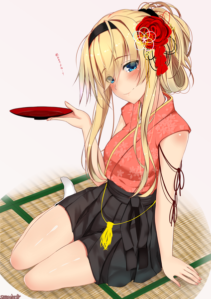 Anime picture 1240x1754 with kantai collection warspite (kantai collection) houshou light aircraft carrier sazamiso rx single long hair tall image blush fringe blue eyes blonde hair smile full body traditional clothes head tilt japanese clothes pleated skirt hair flower from above hair over one eye