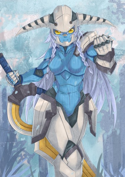 Anime picture 800x1132 with dota 2 (game) sven (dota 2) exaxuxer single long hair tall image looking at viewer yellow eyes grey hair genderswap blue skin bandaid on nose girl gloves weapon sword armor bandaid helmet