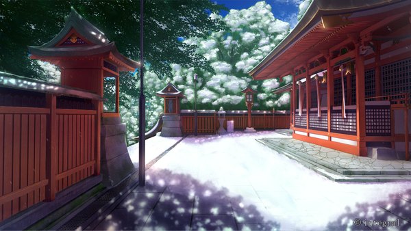 Anime picture 1152x649 with original nagishiro mito wide image sunlight watermark winter snow no people plant (plants) tree (trees) building (buildings) shrine