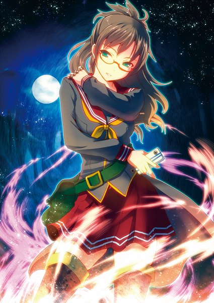 Anime picture 1133x1600 with original irusu single long hair tall image brown hair green eyes girl skirt uniform miniskirt glasses serafuku moon bag phone