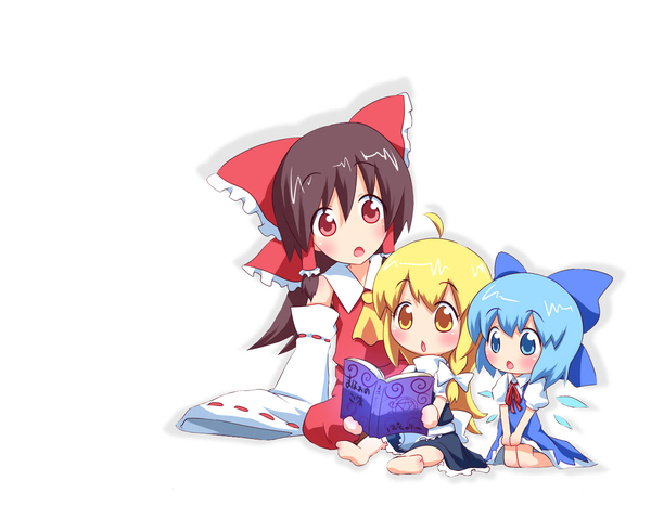 Anime picture 1280x1024 with touhou hakurei reimu kirisame marisa cirno blush blue eyes blonde hair red eyes brown hair brown eyes yellow eyes blue hair miko girl bow ribbon (ribbons) hair bow detached sleeves book (books)