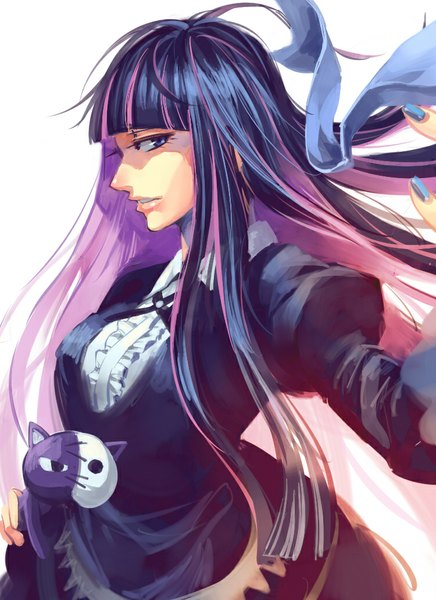 Anime picture 750x1031 with panty & stocking with garterbelt anarchy stocking honekoneko ruukii drift single long hair tall image looking at viewer fringe blue eyes simple background white background purple hair nail polish profile multicolored hair colored inner hair girl ribbon (ribbons)