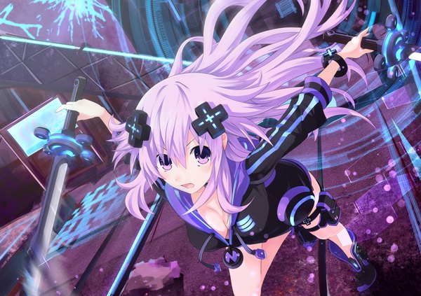 Anime picture 1161x819 with choujigen game neptune neptune (choujigen game neptune) tsukamoto rin lchiro single long hair looking at viewer blush fringe breasts open mouth light erotic hair between eyes purple eyes holding payot looking away cleavage purple hair bent knee (knees) long sleeves