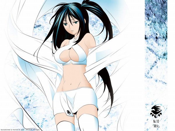 Anime picture 1400x1050 with sekirei uzume long hair breasts light erotic black hair standing white background bare shoulders green eyes cleavage very long hair midriff zettai ryouiki erect nipples one side up covered nipples thighhighs skirt navel