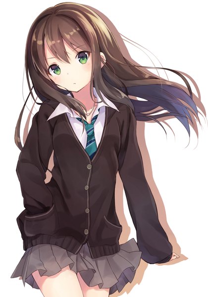 Anime picture 700x1000 with idolmaster idolmaster cinderella girls shibuya rin nonono (nononotea) single long hair tall image blush fringe breasts simple background brown hair white background green eyes pleated skirt shadow open collar hand in pocket girl skirt
