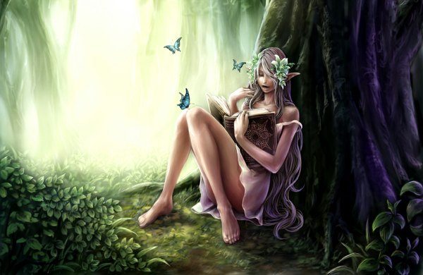Anime picture 1024x666 with original nabe (artist) single long hair open mouth sitting bare shoulders purple hair eyes closed barefoot hair flower pointy ears realistic legs elf fantasy nature girl dress hair ornament