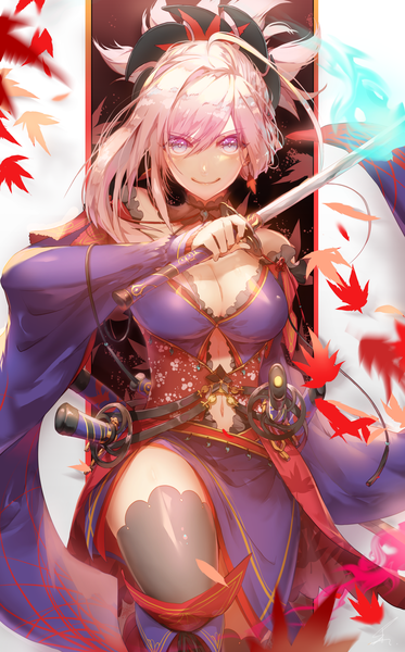 Anime picture 1781x2865 with fate (series) fate/grand order miyamoto musashi (fate) saihate (d3) single long hair tall image looking at viewer fringe highres breasts smile hair between eyes standing purple eyes holding pink hair cleavage ponytail traditional clothes