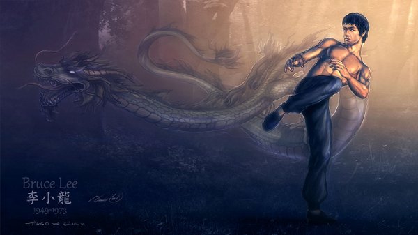 Anime picture 1280x720 with bruce lee grafik (artist) single short hair black hair wide image topless boy pants dragon