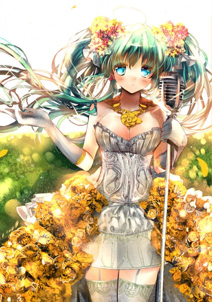 Anime picture 774x1100 with vocaloid hatsune miku heco (mama) hecoheio heco@pad gala single long hair tall image blush fringe breasts blue eyes large breasts twintails bare shoulders holding cleavage hair flower alternate costume zettai ryouiki