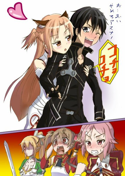 Anime picture 724x1024 with sword art online a-1 pictures yuuki asuna kirigaya kazuto leafa silica lisbeth tall image blush fringe short hair breasts black hair blonde hair red eyes brown hair twintails multiple girls brown eyes animal ears