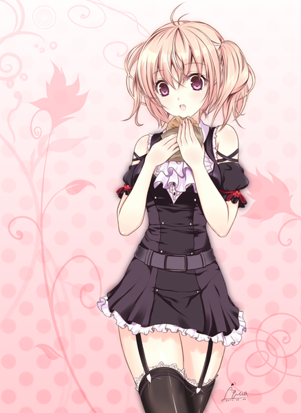 Anime picture 1000x1369 with inu x boku ss david production roromiya karuta aqua (artist) single tall image short hair open mouth blonde hair red eyes signed girl thighhighs dress flower (flowers) black thighhighs