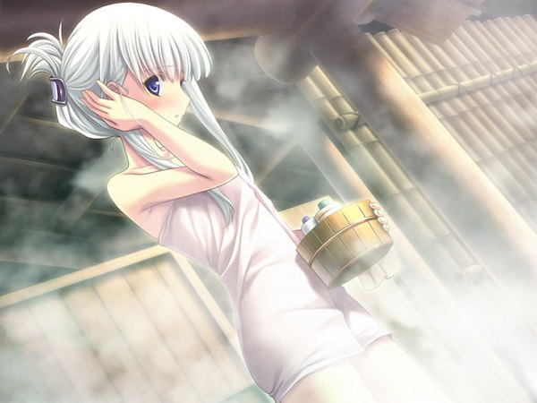 Anime picture 1024x768 with kitto, sumiwataru asairo yori mo (game) blue eyes light erotic game cg white hair naked towel girl towel