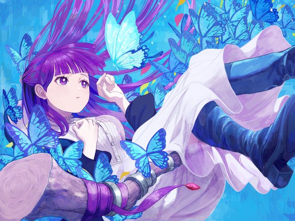 Anime picture 4000x3000 with sousou no frieren fern (sousou no frieren) nakauma single long hair fringe highres purple eyes looking away absurdres purple hair blunt bangs girl dress white dress insect butterfly staff