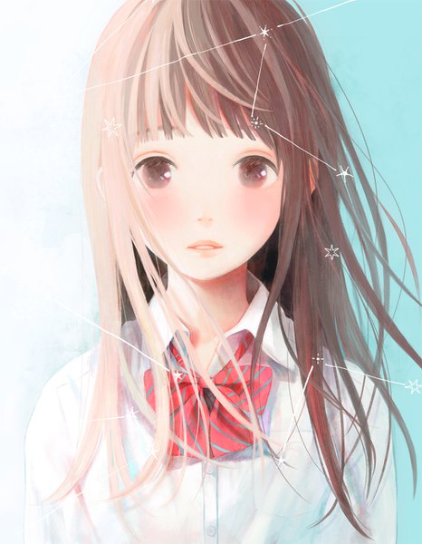 Anime picture 1000x1286 with nakamura hinata single long hair tall image looking at viewer blush simple background brown hair brown eyes parted lips portrait girl uniform school uniform bowtie