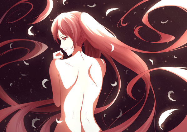 Anime picture 1052x744 with vocaloid hatsune miku sakura miku hananon single looking at viewer fringe light erotic red eyes twintails red hair very long hair looking back nude from behind bare back girl