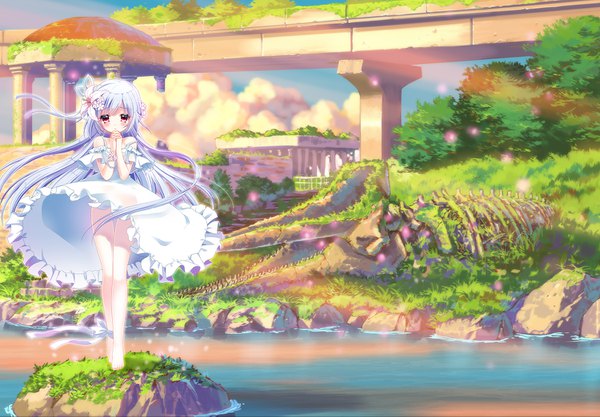 Anime picture 1500x1043 with original pon (ichi rin) single long hair looking at viewer blush light erotic red eyes white hair hair flower girl flower (flowers) plant (plants) grass sundress