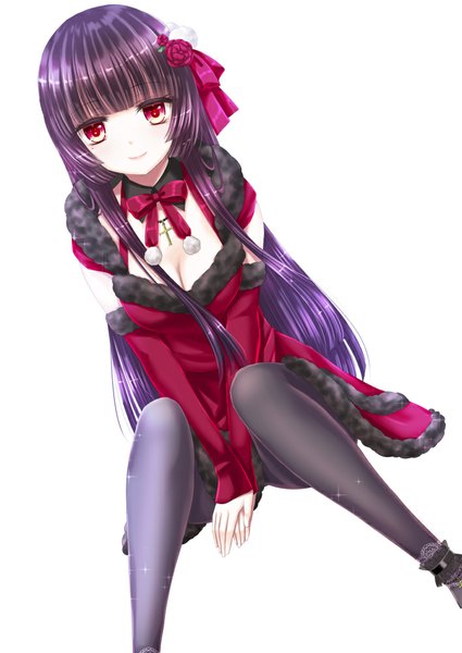Anime picture 708x1000 with original hiroharu single long hair tall image looking at viewer fringe breasts simple background smile red eyes white background sitting purple hair bent knee (knees) hair flower pale skin white skin girl hair ornament