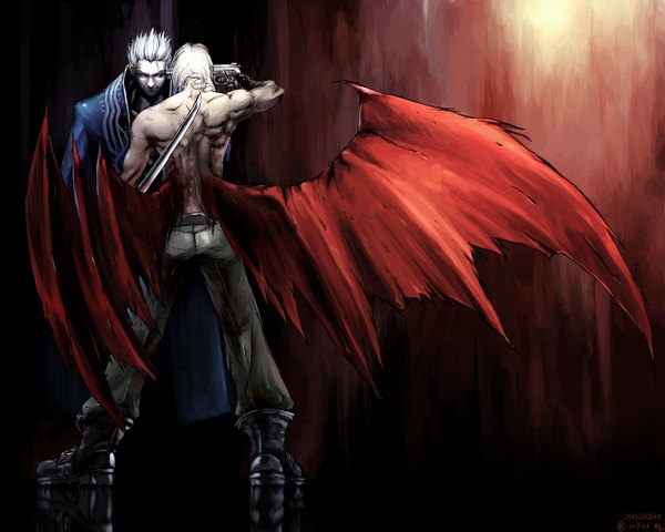 Anime picture 1600x1280 with devil may cry dante (devil may cry) vergil short hair blue eyes silver hair white hair from behind back dark background topless face muscle boy weapon sword wings gun pistol