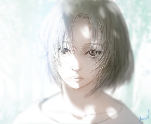 Anime picture 1000x825 with original mac naut single looking at viewer fringe short hair brown hair brown eyes signed lips sunlight blurry realistic shadow portrait light face expressionless girl plant (plants)