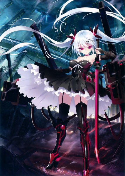 Anime picture 2344x3300 with original eshi 100-nin ten hayakawa harui single tall image looking at viewer highres purple eyes twintails white hair very long hair scan official art girl thighhighs dress weapon black thighhighs detached sleeves sword