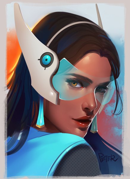 Anime picture 692x950 with overwatch blizzard entertainment symmetra (overwatch) superschool48 single long hair tall image looking at viewer brown hair signed yellow eyes parted lips looking back realistic lipstick dark skin portrait red lipstick girl earrings