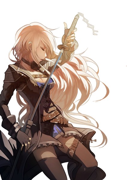 Anime picture 1200x1697 with original kuroduki (pieat) single long hair tall image fringe breasts simple background blonde hair white background holding eyes closed profile standing on one leg girl thighhighs gloves weapon black thighhighs sword
