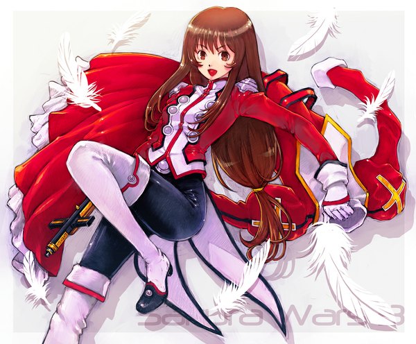 Anime picture 1000x827 with sakura taisen sakura taisen iii erica fontaine boyaking(sbf) single long hair looking at viewer open mouth simple background brown hair brown eyes inscription shadow copyright name border girl gloves thigh boots feather (feathers)