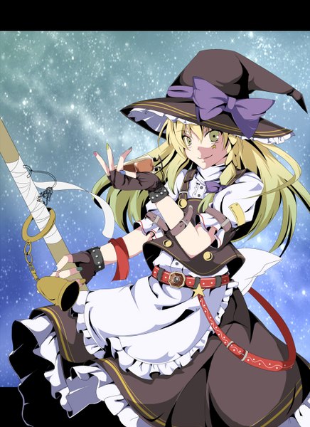 Anime picture 1000x1376 with touhou kirisame marisa shino (moment) single long hair tall image looking at viewer blonde hair smile yellow eyes girl dress bow fingerless gloves bell witch hat mini-hakkero