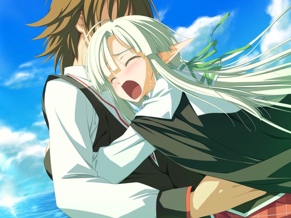 Anime picture 1600x1200 with wiz anniversary ruruguno janus enfinus shida kazuhiro long hair blush open mouth game cg white hair eyes closed pointy ears tears elf girl boy ribbon (ribbons) hair ribbon