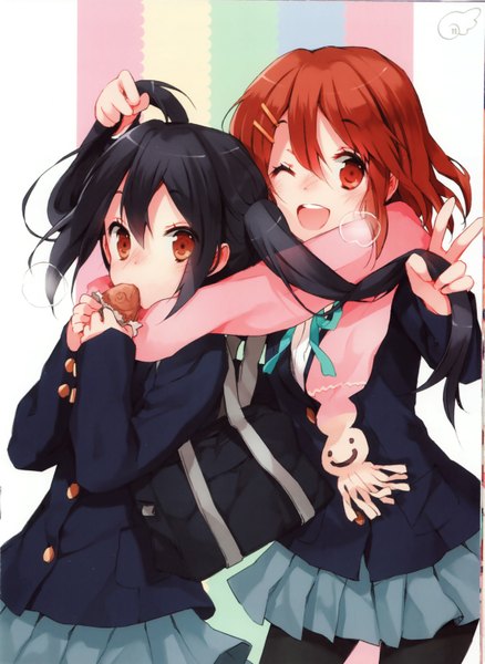 Anime picture 2205x3019 with k-on! kyoto animation hirasawa yui nakano azusa cuteg long hair tall image looking at viewer fringe highres short hair open mouth black hair hair between eyes brown hair twintails multiple girls holding brown eyes one eye closed