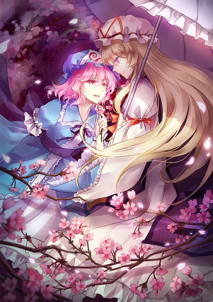 Anime picture 778x1100 with touhou yakumo yukari saigyouji yuyuko magicpants long hair tall image fringe short hair open mouth blonde hair smile purple eyes multiple girls holding pink hair traditional clothes pink eyes wide sleeves cherry blossoms face to face