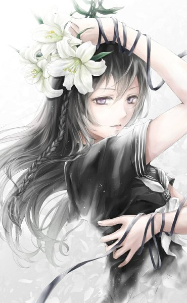 Anime picture 679x1100 with original nuwanko single long hair tall image black hair braid (braids) grey eyes girl uniform flower (flowers) ribbon (ribbons) school uniform