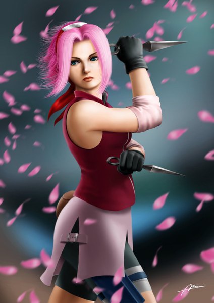 Anime picture 800x1131 with naruto studio pierrot naruto (series) haruno sakura abremson single tall image looking at viewer short hair breasts large breasts bare shoulders holding green eyes signed pink hair wind lips realistic sleeveless