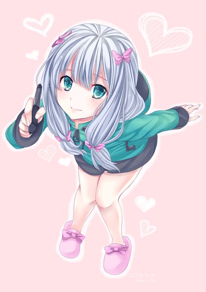 Anime picture 1500x2122 with eromanga sensei a-1 pictures izumi sagiri touya yuki single long hair tall image looking at viewer blush simple background silver hair full body aqua eyes leaning leaning forward outstretched arm pink background girl bow hair bow
