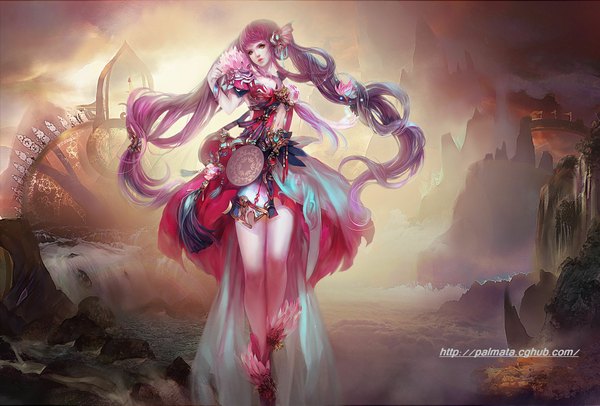 Anime picture 2000x1355 with palmata single long hair looking at viewer fringe highres yellow eyes purple hair bent knee (knees) lips legs girl dress navel hair ornament stone (stones)