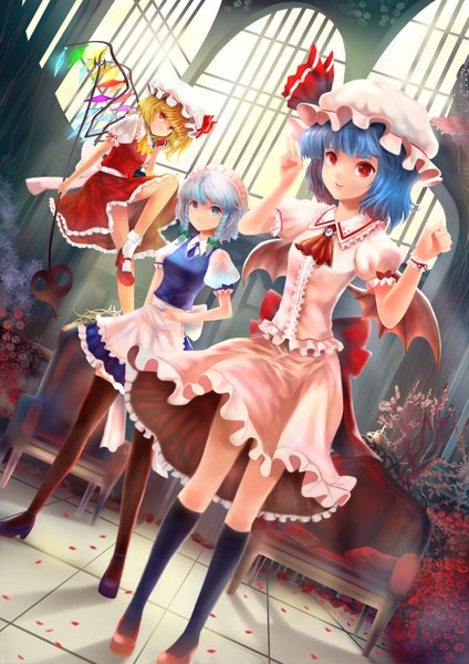 Anime picture 1307x1848 with touhou flandre scarlet remilia scarlet izayoi sakuya mg42cat-k1ng tall image short hair blue eyes blonde hair smile red eyes multiple girls blue hair white hair braid (braids) maid twin braids bat wings girl thighhighs