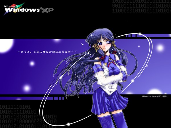 Anime picture 1600x1200 with os-tan windows (operating system) futaba channel xp-tan (saseko) takana shinno single long hair breasts blue eyes standing signed purple hair pleated skirt light smile zettai ryouiki copyright name crossed arms cropped girl thighhighs